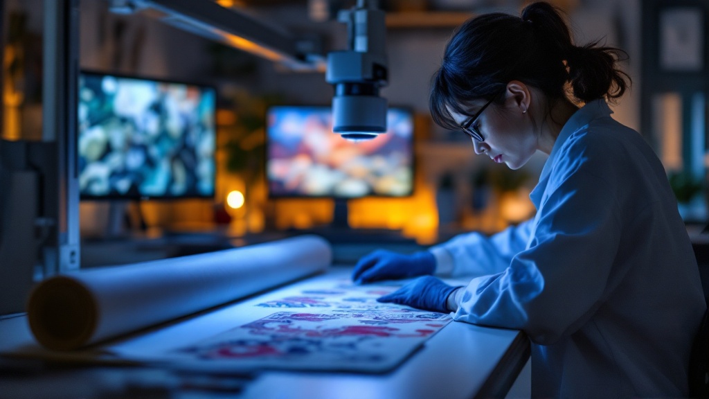 Over-the-shoulder view of a conservator digitizing a Japanese textile with a high-resolution scanner in a modern conservation lab