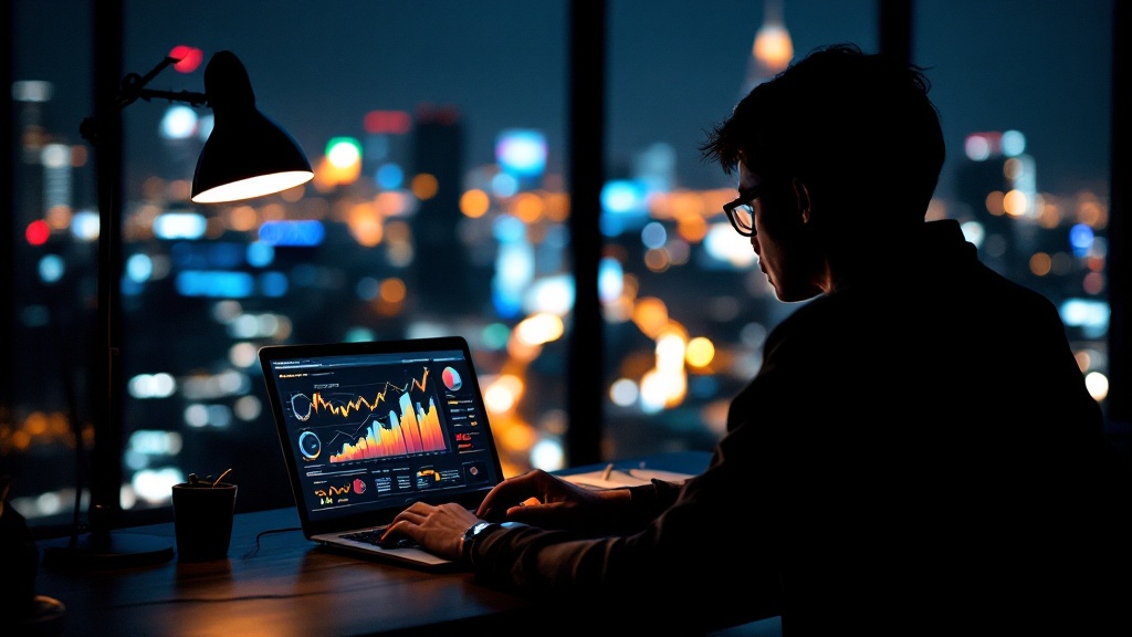 Silhouette reviewing vendor evaluation data on a laptop in a modern Tokyo office at night