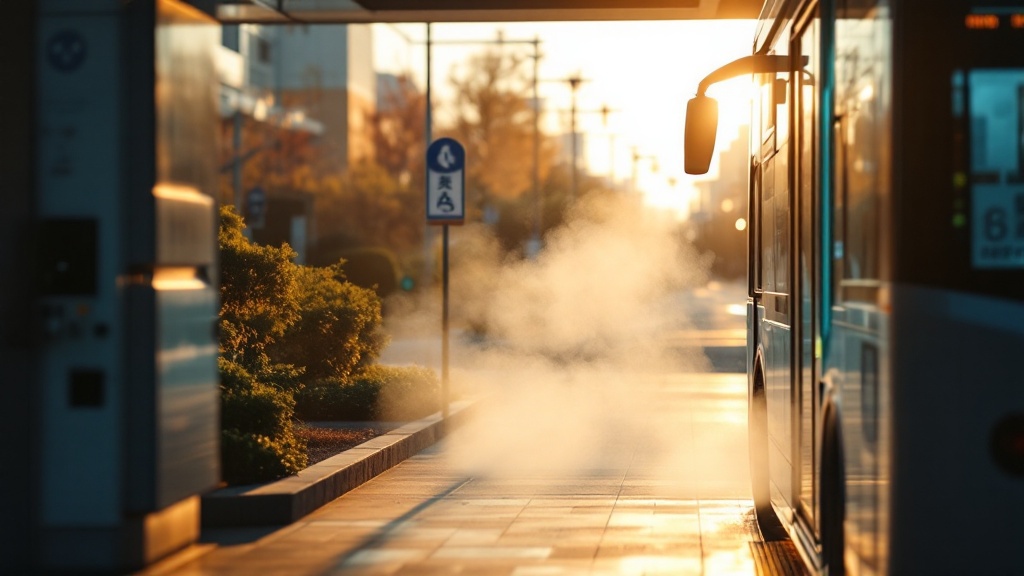Hydrogen fuel cell bus refueling at a modern station in a Japanese suburban area during early morning