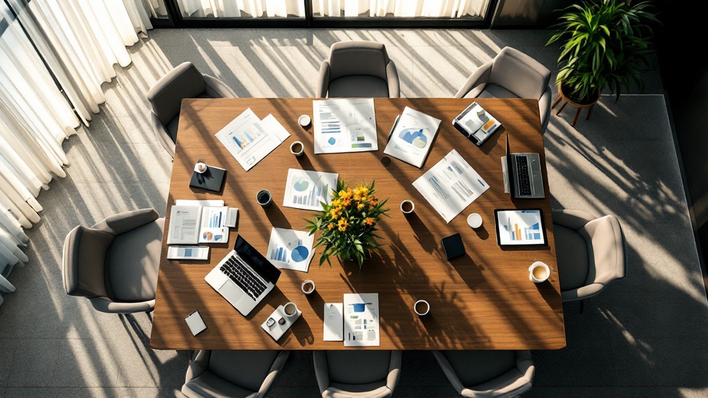 Overhead view of a conference table with laptops, charts, and coffee cups in a modern Tokyo office