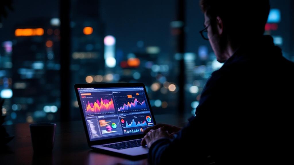 Silhouette of a person reviewing blurred analytics data on a laptop in a Tokyo office at night