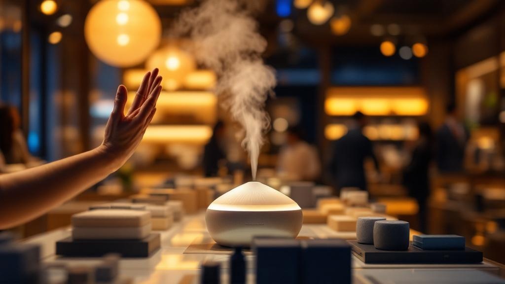 Atmospheric luxury retail environment in Tokyo with layered lighting and aromatic mist illustrating multisensory brand activation