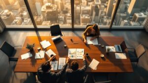 Overhead view of hands exchanging a business proposal across a conference table in a Tokyo high-rise office