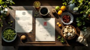 Overhead view of official Japanese funding documents alongside sustainable food products on a dark wood desk