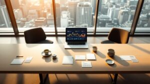 Overhead view of a Japanese conference table with business cards, matcha, and a laptop against a Tokyo skyline backdrop