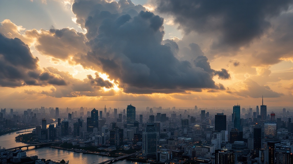 Aerial view of Tokyo skyline with storm clouds clearing at dawn, golden light breaking through