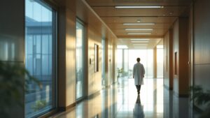 Sunlit modern hospital corridor in Japan with a silhouetted medical professional walking forward