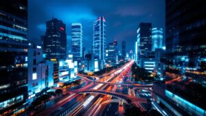 Aerial twilight view of Tokyo's Shibuya business district with glowing office towers and light trails
