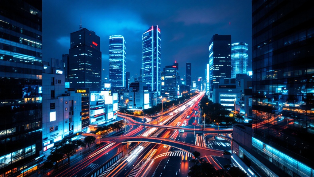 Aerial twilight view of Tokyo's Shibuya business district with glowing office towers and light trails