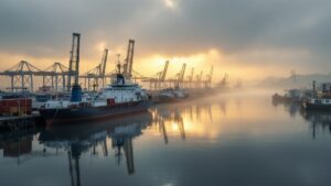 Japanese commercial port at dawn with cargo vessels and fishing boats in morning fog