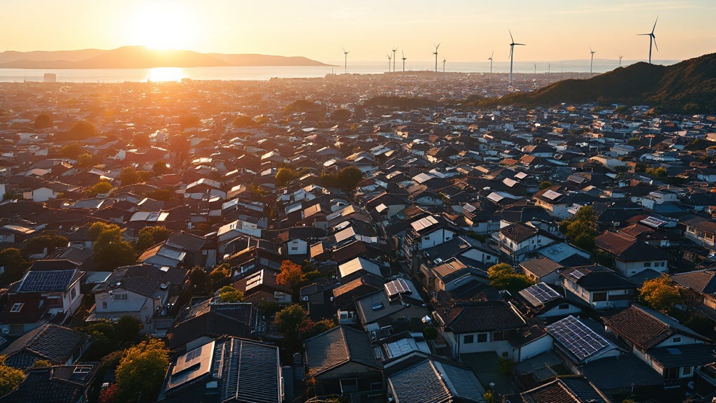 Solar panels on Japanese suburban rooftops with coastal wind turbines in the distance at golden hour