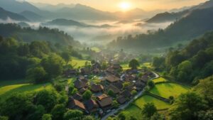 Aerial view of a thatched-roof village surrounded by green mountains and morning mist in rural Japan