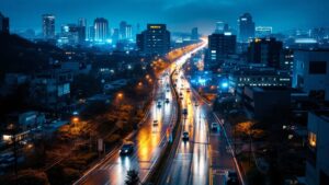 Aerial twilight view of a Japanese urban district with illuminated smart infrastructure sensors along a modern boulevard
