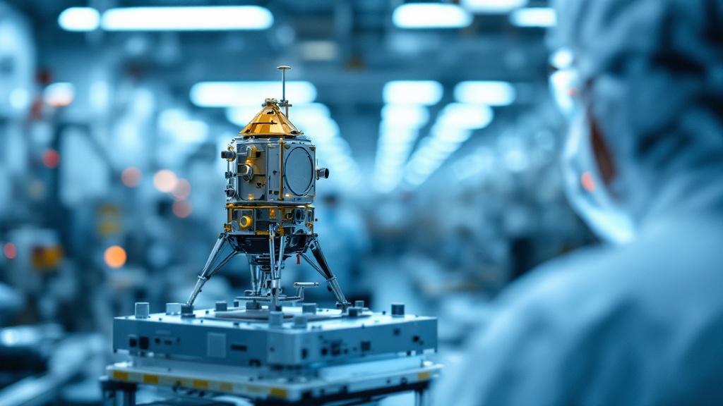 A small satellite on a test stand inside a cleanroom, viewed over the shoulder of an engineer in protective gear