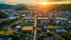 Aerial golden-hour view of a Japanese industrial area with green rooftops and solar panels among factory buildings