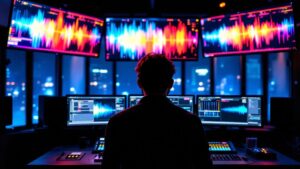 Over-shoulder view of a technician silhouette facing monitors and a mixing console in a Tokyo hybrid event control room at dusk