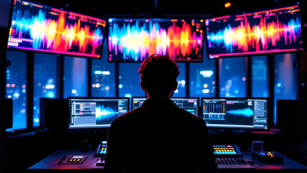 Over-shoulder view of a technician silhouette facing monitors and a mixing console in a Tokyo hybrid event control room at dusk