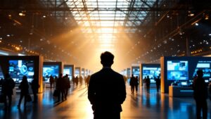 Sunlit technology exhibition hall in Tokyo with booth displays and silhouetted visitor