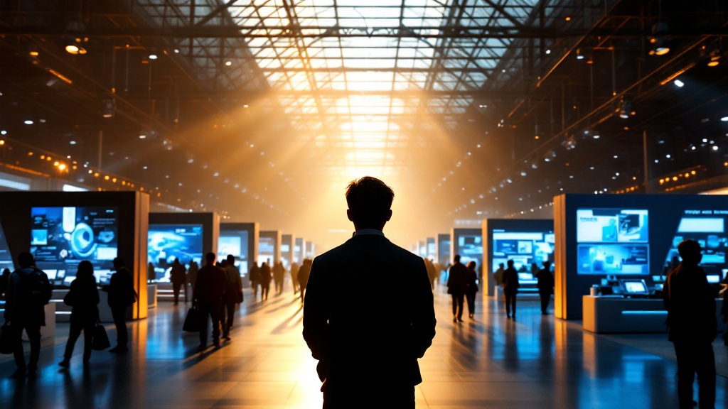 Sunlit technology exhibition hall in Tokyo with booth displays and silhouetted visitor