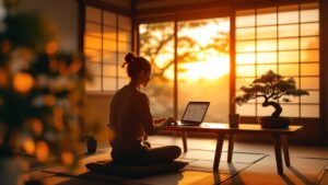 Silhouette view of a person at a minimalist Japanese home office desk with laptop, warm light filtering through shoji screens