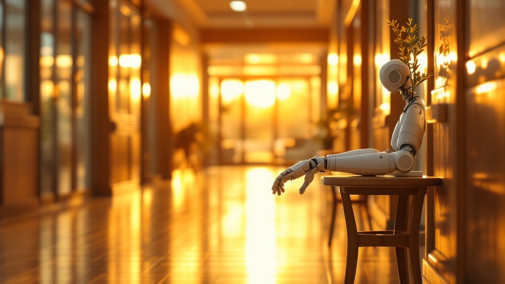 Sunlit corridor of a modern Japanese care facility with assistive technology on a side table