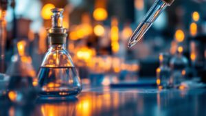 Laboratory glassware and precision instruments in a Japanese research facility with warm and cool mixed lighting