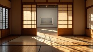 Sunlit traditional Japanese gallery with shoji screens opening onto a contemporary art installation