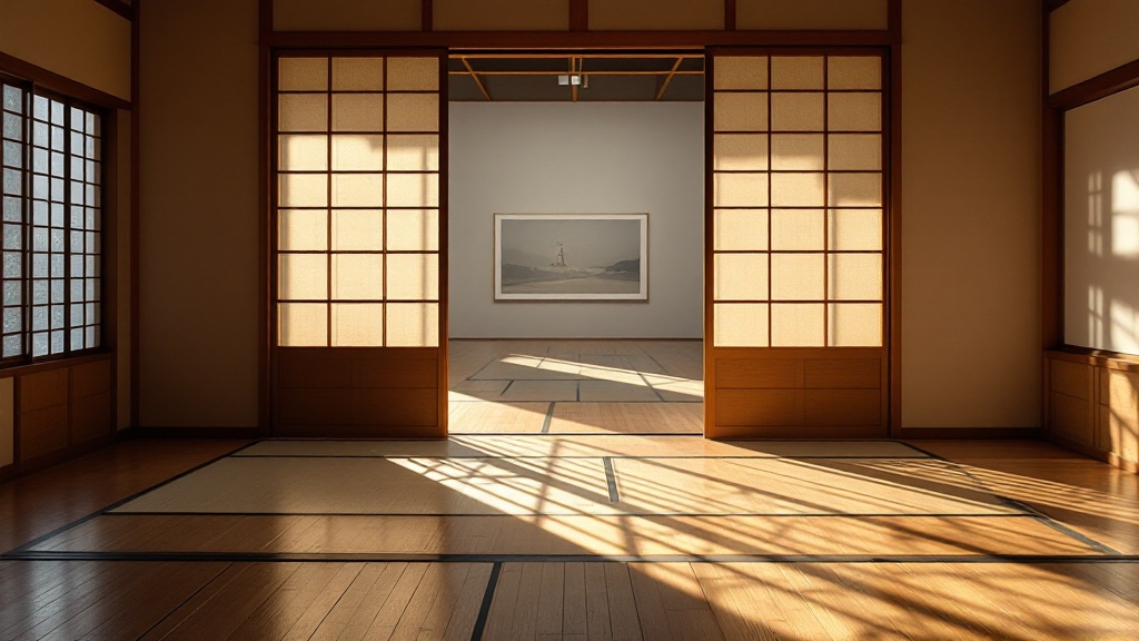 Sunlit traditional Japanese gallery with shoji screens opening onto a contemporary art installation