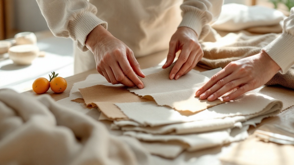 Hands arranging earth-toned sustainable fabric samples on a wooden table in a sunlit Japanese studio