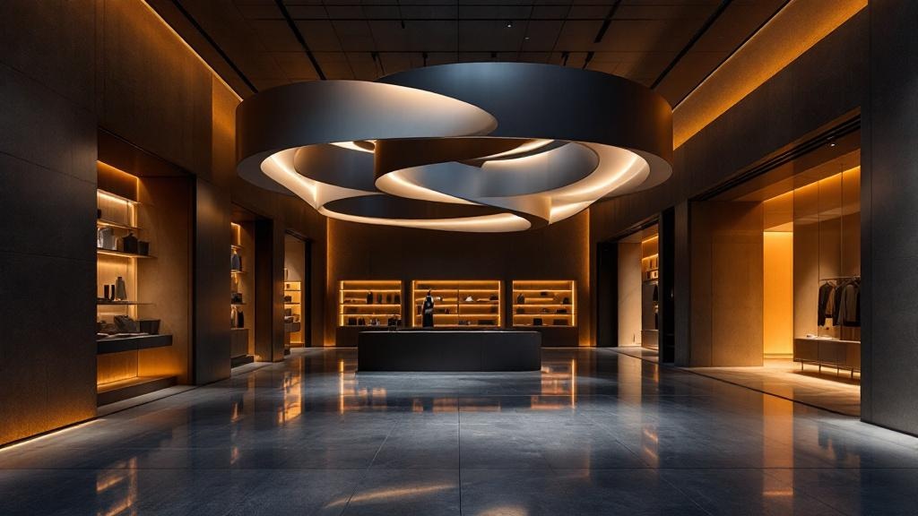 Dramatic interior of a modern Tokyo boutique with sculptural lighting and polished concrete floors