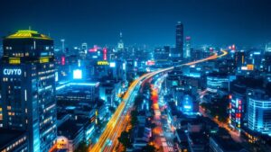 Aerial view of Tokyo at twilight showing modern smart city infrastructure alongside traditional neighborhoods