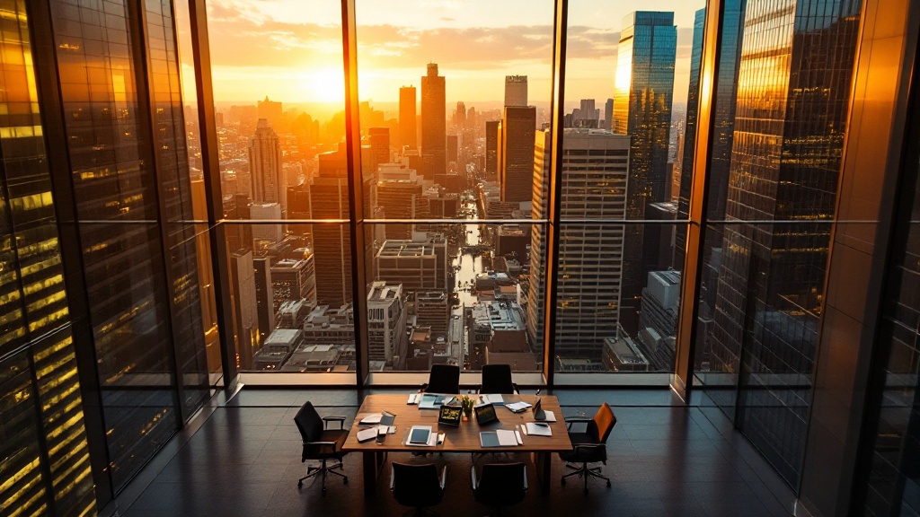 Aerial view of Tokyo Marunouchi business district at golden hour with conference room visible through glass tower windows