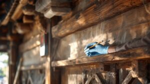Gloved hands applying traditional lacquer to weathered wooden temple joinery under soft morning light