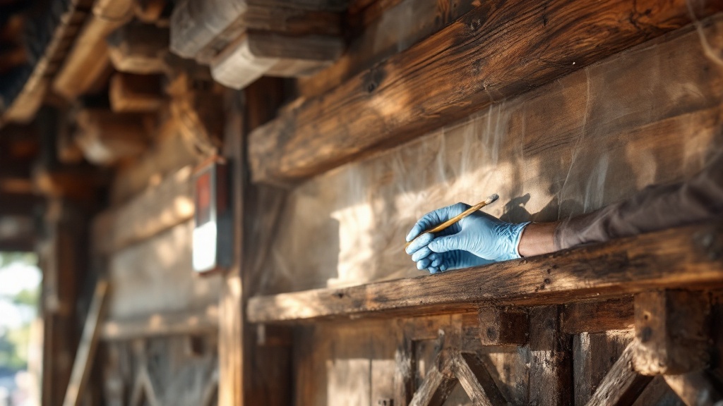 Gloved hands applying traditional lacquer to weathered wooden temple joinery under soft morning light