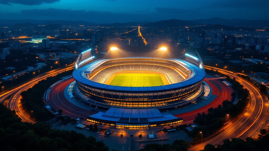 Aerial view of a brightly lit modern sports stadium in Japan at twilight with surrounding cityscape