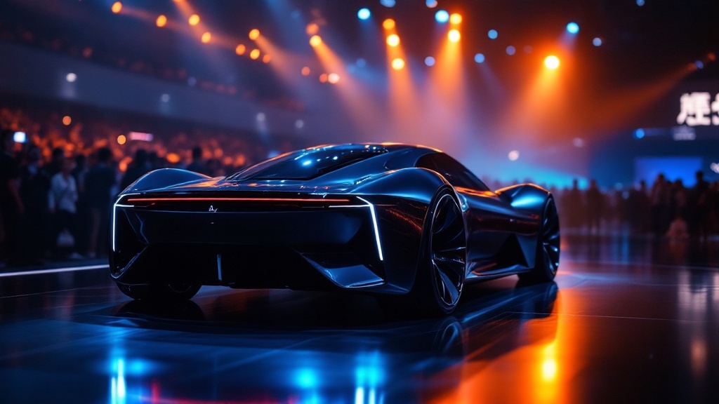 A glossy concept car spotlit on a dark exhibition stage with blurred background lights