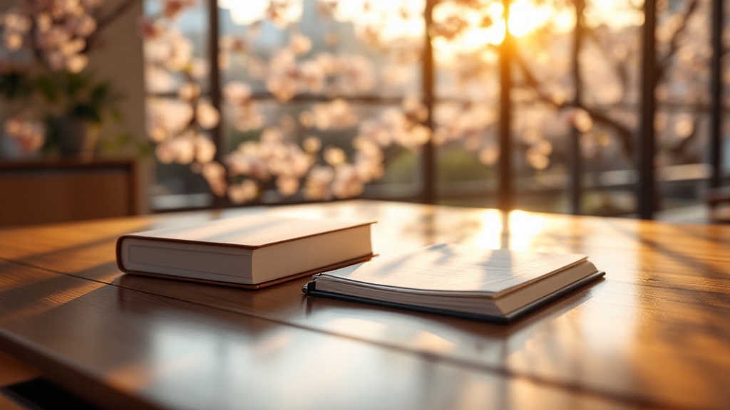 Patent documents and research notebook on a desk in a Tokyo office with cherry blossoms visible through the window