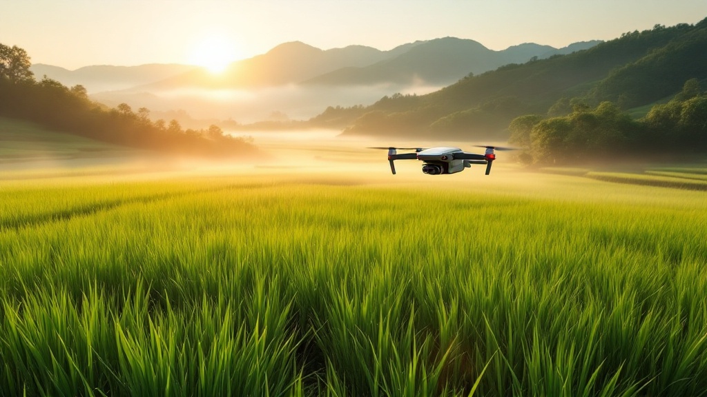 Agricultural drone hovering over a small Japanese rice paddy at sunset with misty hills in the background