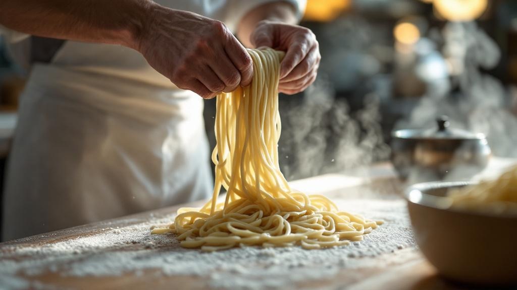 Chef's hands pulling fresh soba noodles above a flour-dusted wooden counter in a traditional Japanese kitchen with warm lighting