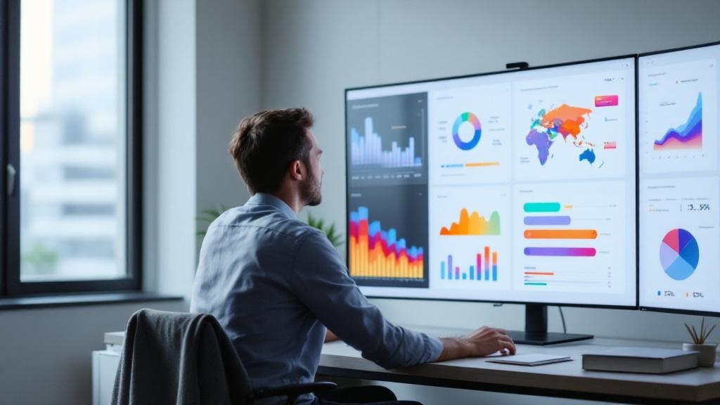 Over-shoulder view of a strategist analyzing abstract data visualizations on a monitor in a modern Tokyo office