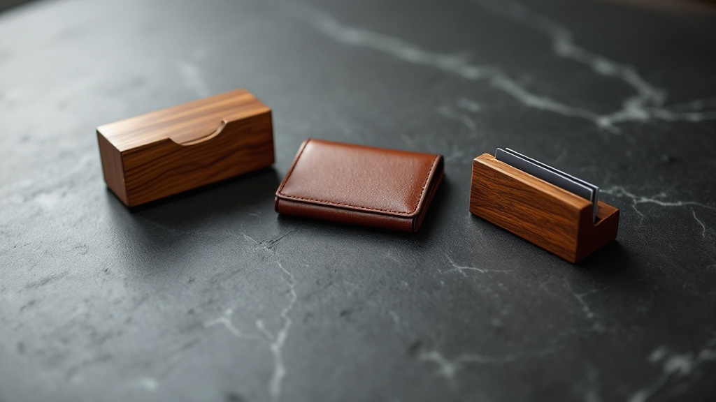 Three contrasting business card holders representing different partner types arranged on a dark slate surface