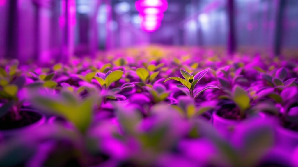 Hands examining alternative protein crop seedlings under LED grow lights in a Japanese research greenhouse