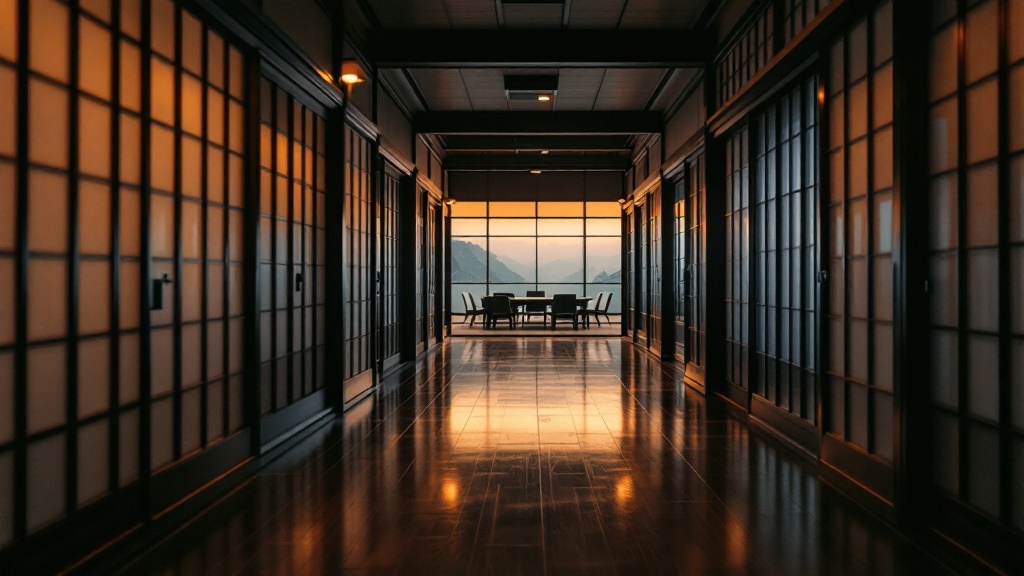 A traditional Japanese wooden corridor with shoji screens leading toward a modern glass meeting room