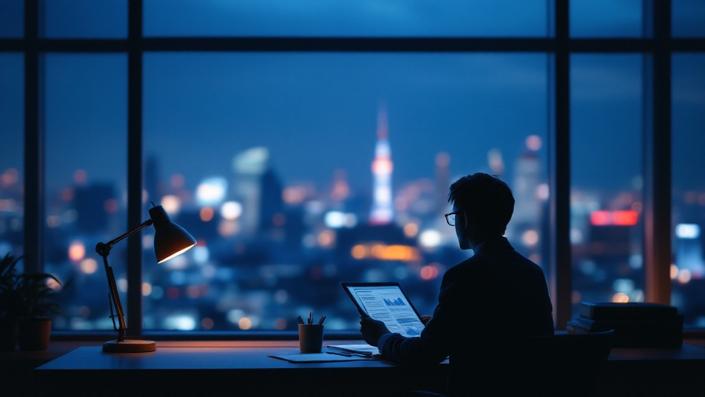 Silhouette of a professional reviewing financial documents at a Tokyo office window at dusk