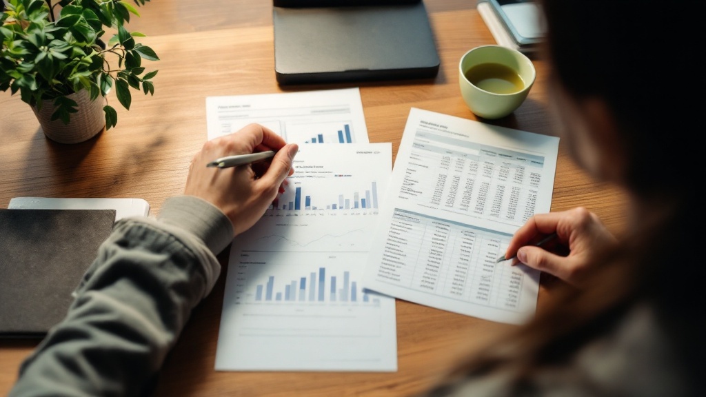 Hands reviewing financial spreadsheets on a wooden desk with green tea