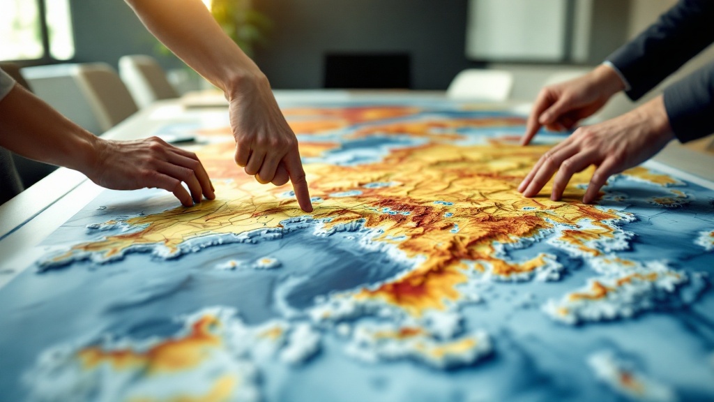 Hands reviewing a topographic hazard map with colored risk overlays on a Japanese office conference table