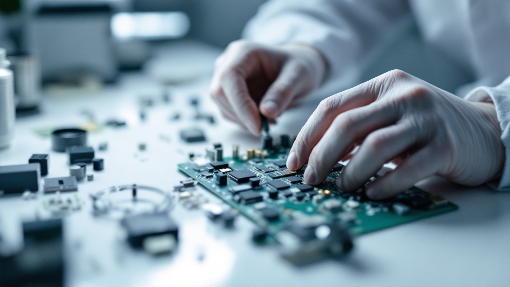 Close-up of hands working on a prototype circuit board in a clean Japanese laboratory setting