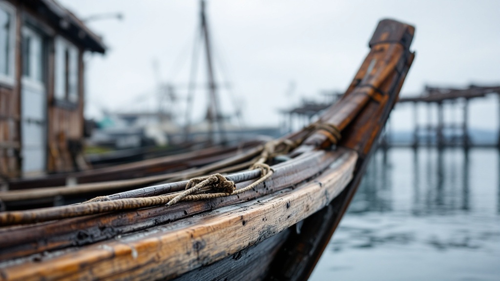 Traditional wooden fishing boat bow with modern aquaculture facility in the background along a Japanese coastline