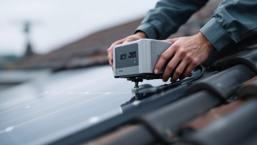 Hands installing a microinverter device on a Japanese ceramic tile rooftop under overcast skies
