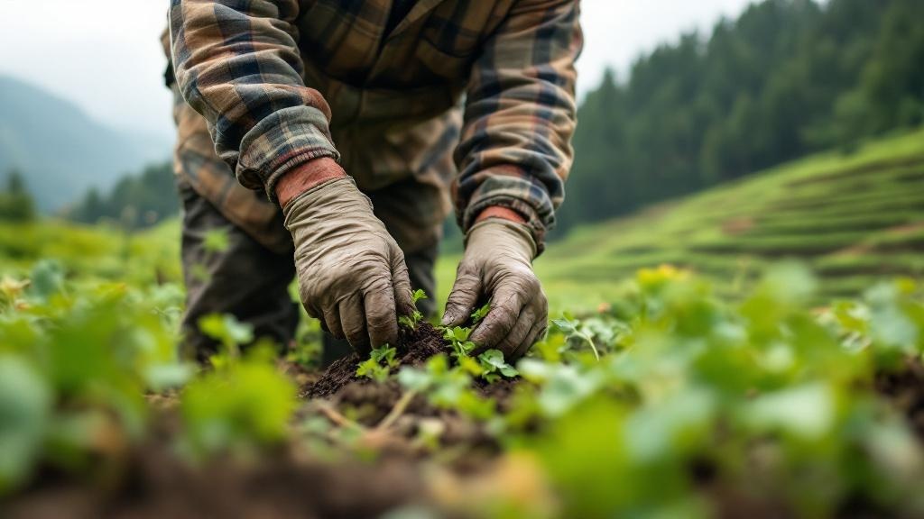 Weathered hands harvesting vegetables on a Japanese farm with terraced hills and forest behind
